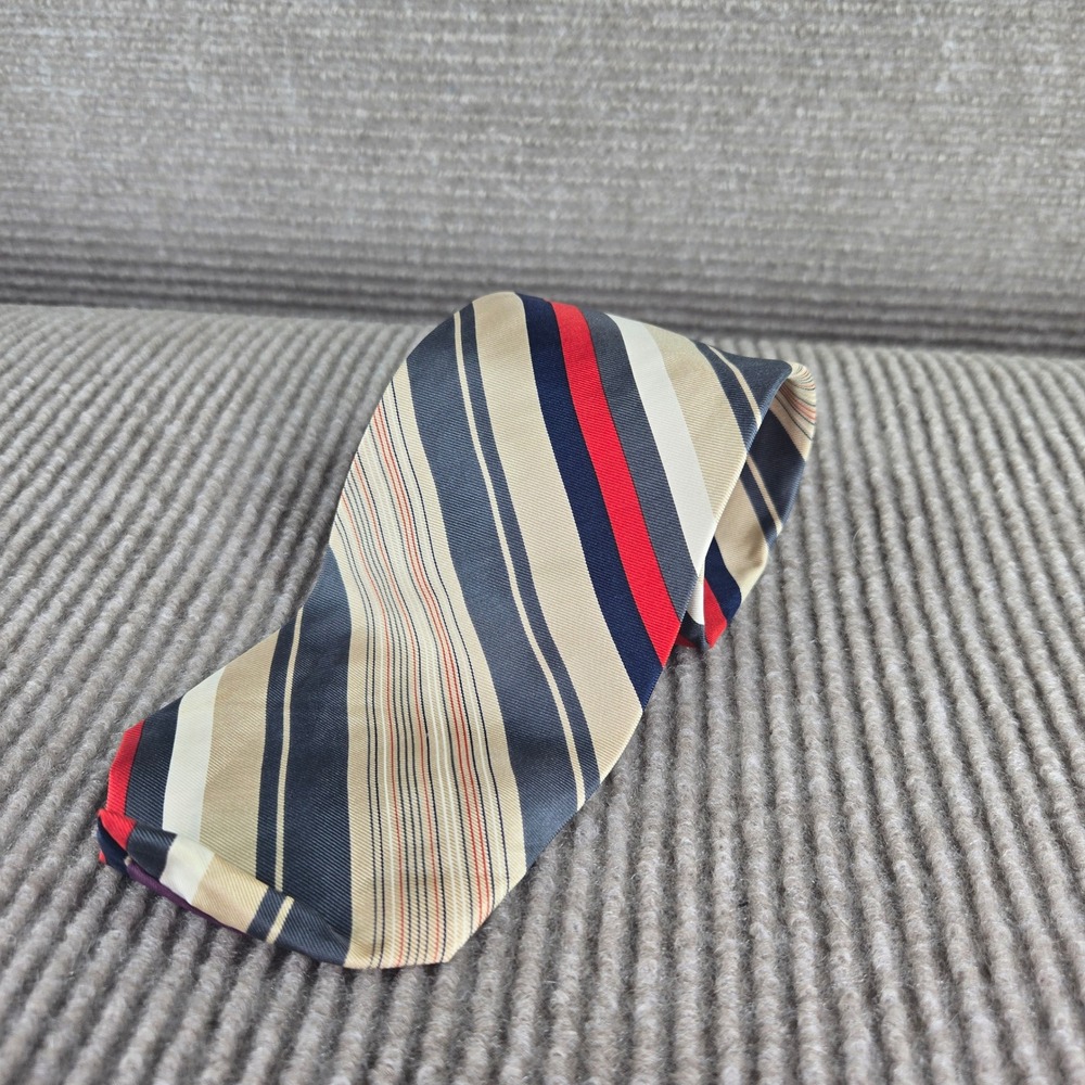 John Comfort Mens Navy Tan Red Striped Silk Made in England Necktie